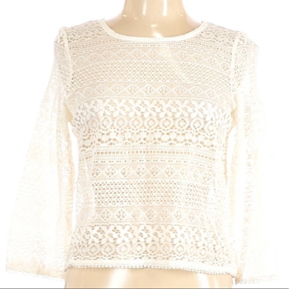 Copper Key Tops - COPPER KEY Lace Crop Top 3/4 Sleeve Pullover Ivory